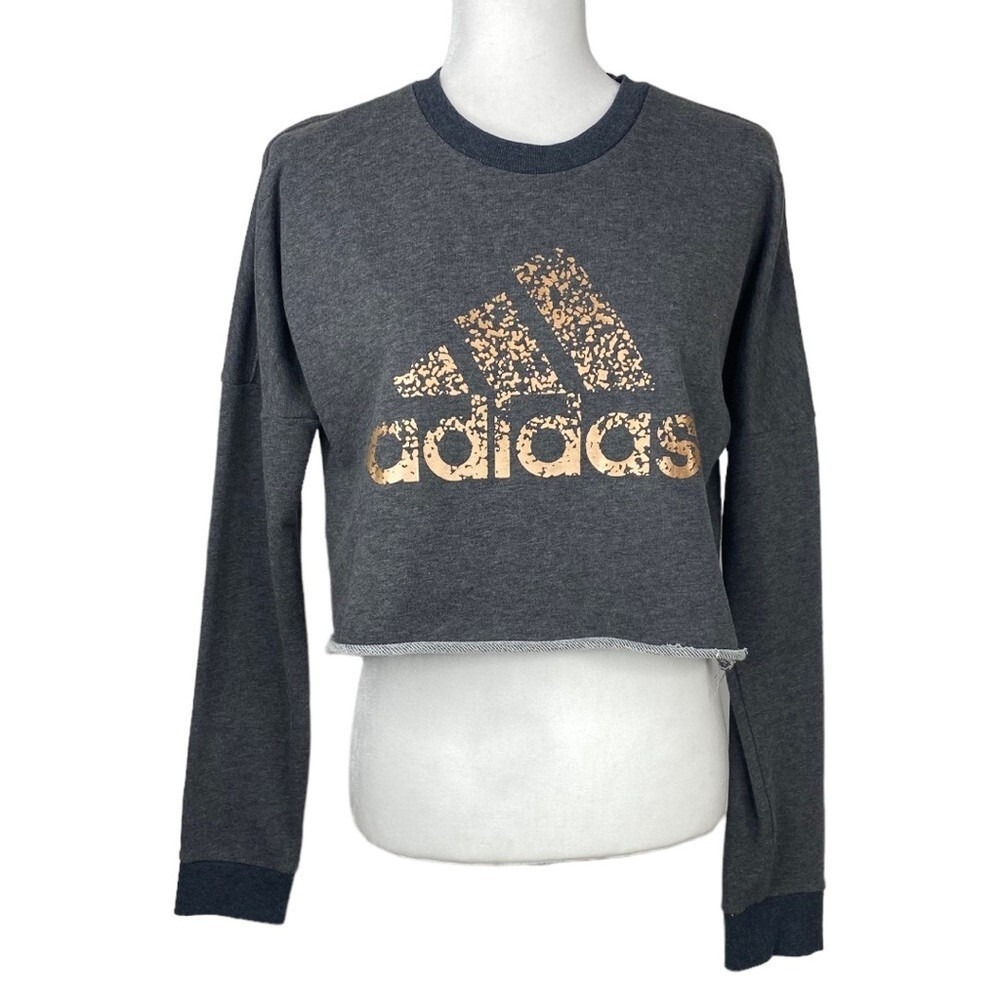 Adidas Womens Cropped Sweatshirt Dark Gray‎ Rose Gold Foil Logo Raw Hem Size XS